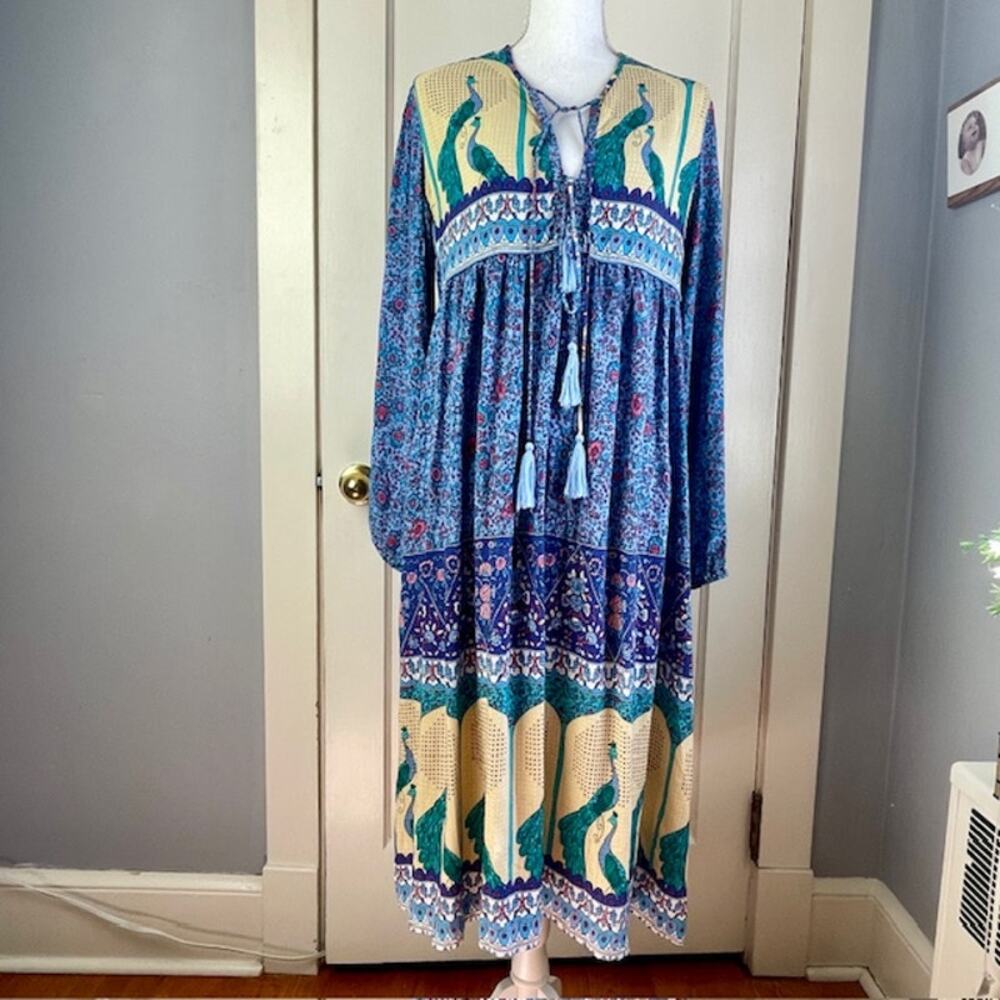 R. Vivimos Peacock Print Blue Maxi Dress L Boho Peasant Festival Hippy Romantic